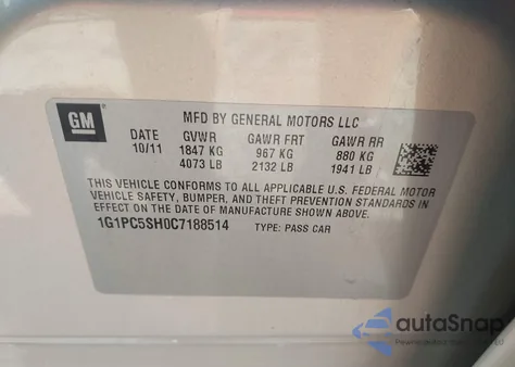 2012 Chevrolet Cruze Ls из США, поврежденный, VIN 1G1PC5SH0C7188514